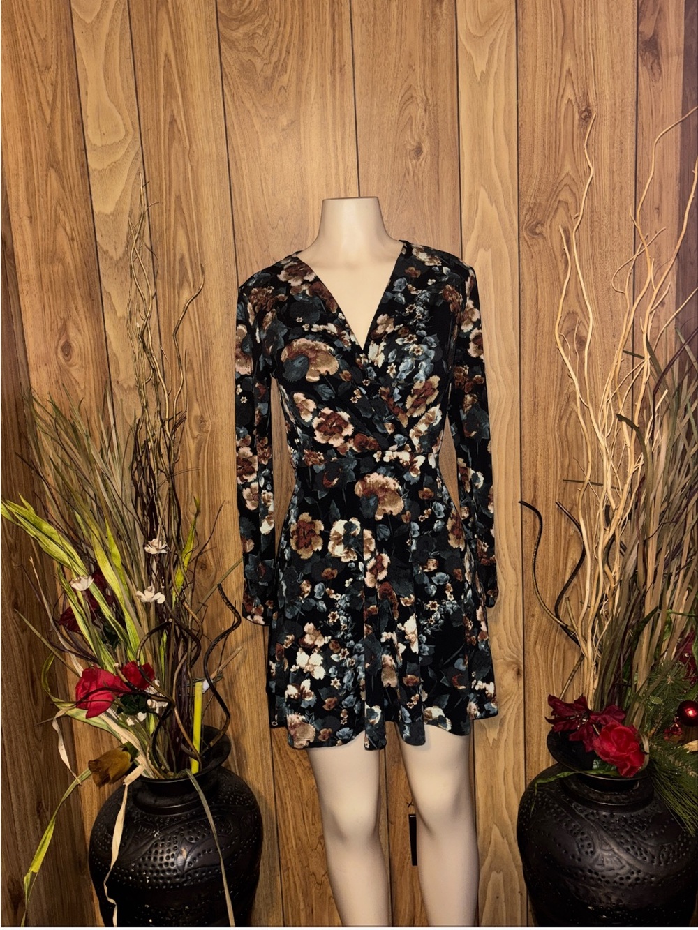 H&M Dark Floral Wrap Dress in Black and Brown